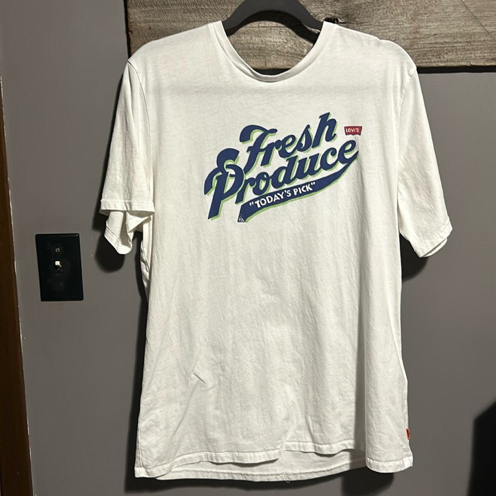 Levi's White Short Sleeve Tee with Blue and Green Print, Mens XL